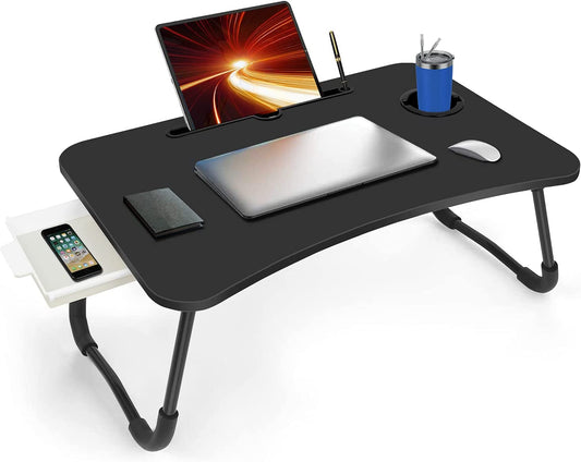 Laptop Bed Table, Portable Foldable Laptop Bed Desk with Storage Drawer and Cup Holder, Lap Desk Laptop Stand Tray Table Floor Table Serving Tray for Eating, Reading and Working