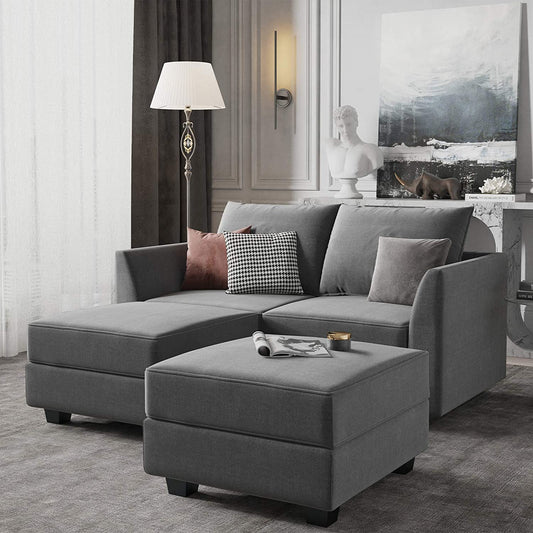 Convertible Sectional Sofa with Chaise Modular Sectional Couch with Ottoman, Modular Sofa Couch for Small Space, Grey